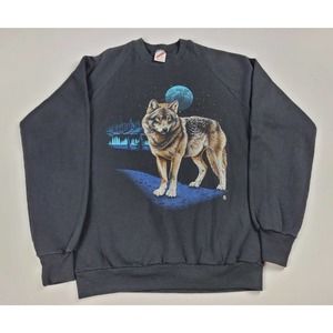 Vintage 1987 LSJ Wolf Raglan Crewneck Sweatshirt Jerzees Large USA Moon trees